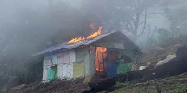 Illegal huts destroyed in Koubru hills 1 Illegal huts destroyed by forest officials in Koubru hill ranges