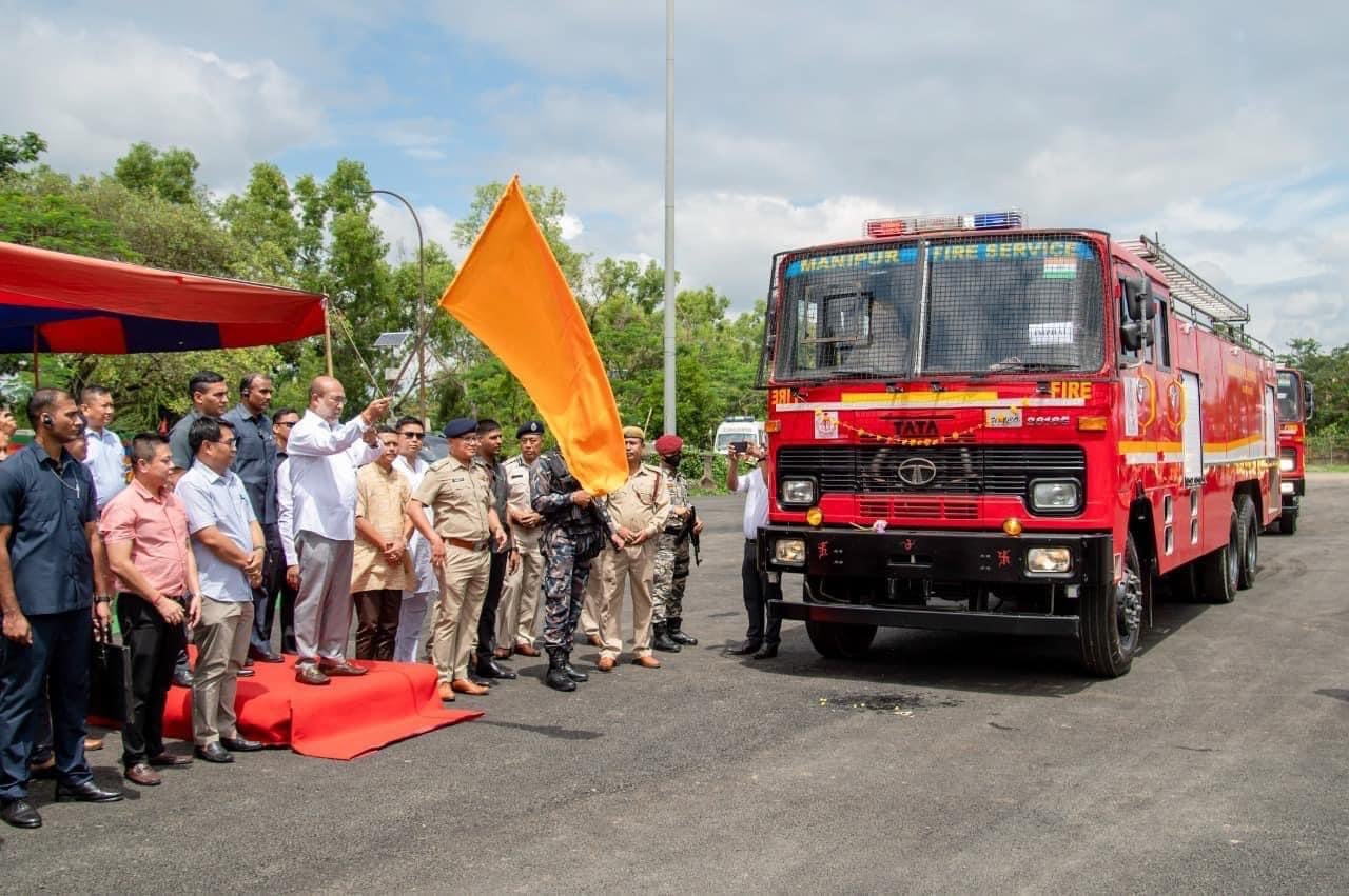 CM N Biren flag off 11 new fire fighting vehicles.