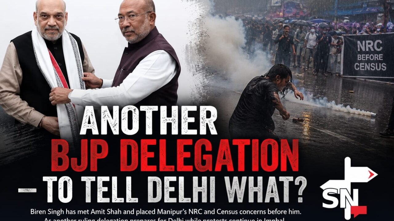 Another BJP Delegation — To Tell Delhi What? 1 N. Biren Singh with Union Home Minister Amit Shah alongside a rain-soaked NRC-before-Census protest in Manipur, illustrating The Signpost View on another BJP delegation to Delhi.