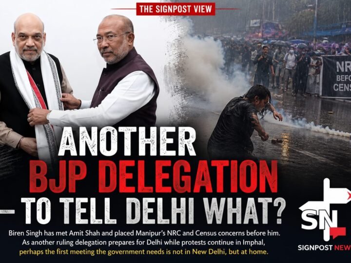 Another BJP Delegation — To Tell Delhi What? 2 N. Biren Singh with Union Home Minister Amit Shah alongside a rain-soaked NRC-before-Census protest in Manipur, illustrating The Signpost View on another BJP delegation to Delhi.