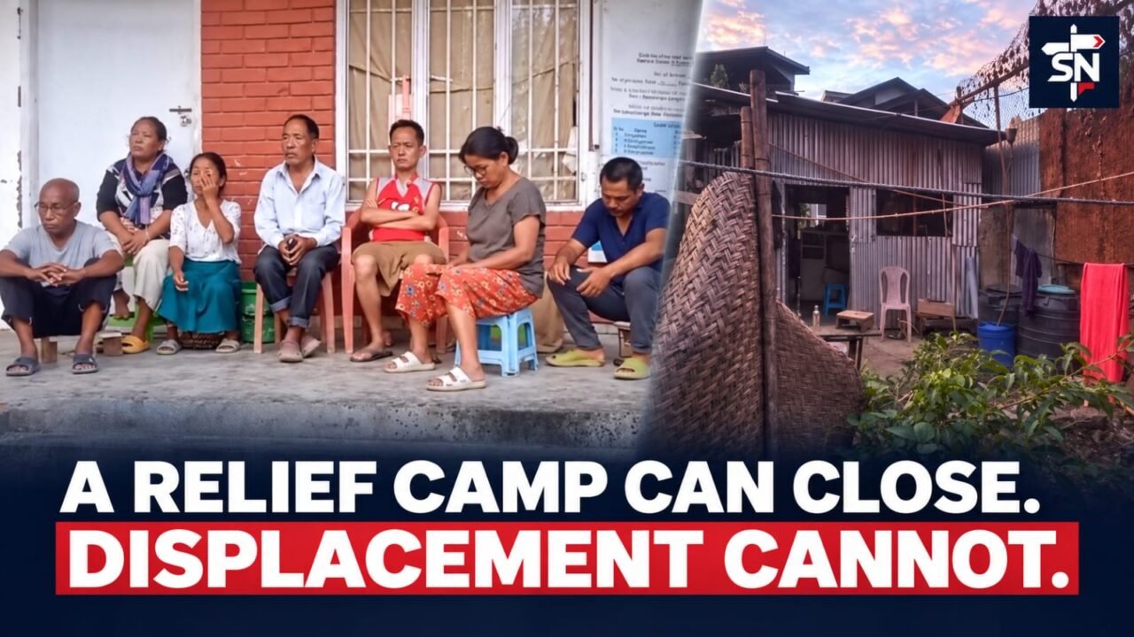 IDPs at Sadbhavna Mandap Relief Camp in Churachandpur alongside a makeshift shelter used after leaving the camp